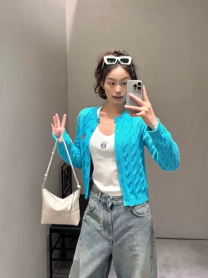 Cable-Knit Button-Front Cardigan – Turquoise Blue