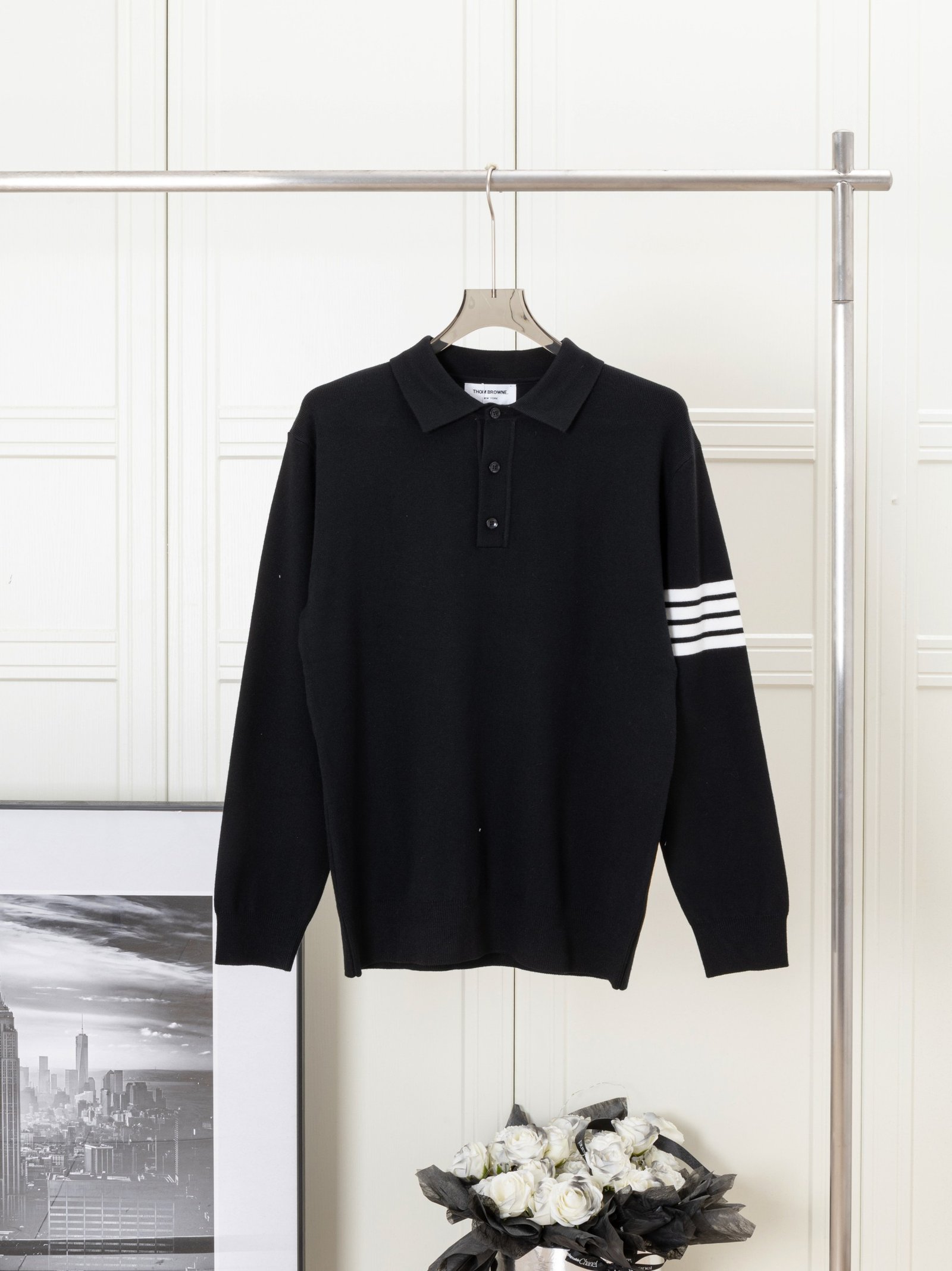 Thom Browne Four-Stripe Yarn-Knitted Polo Shirt – Black