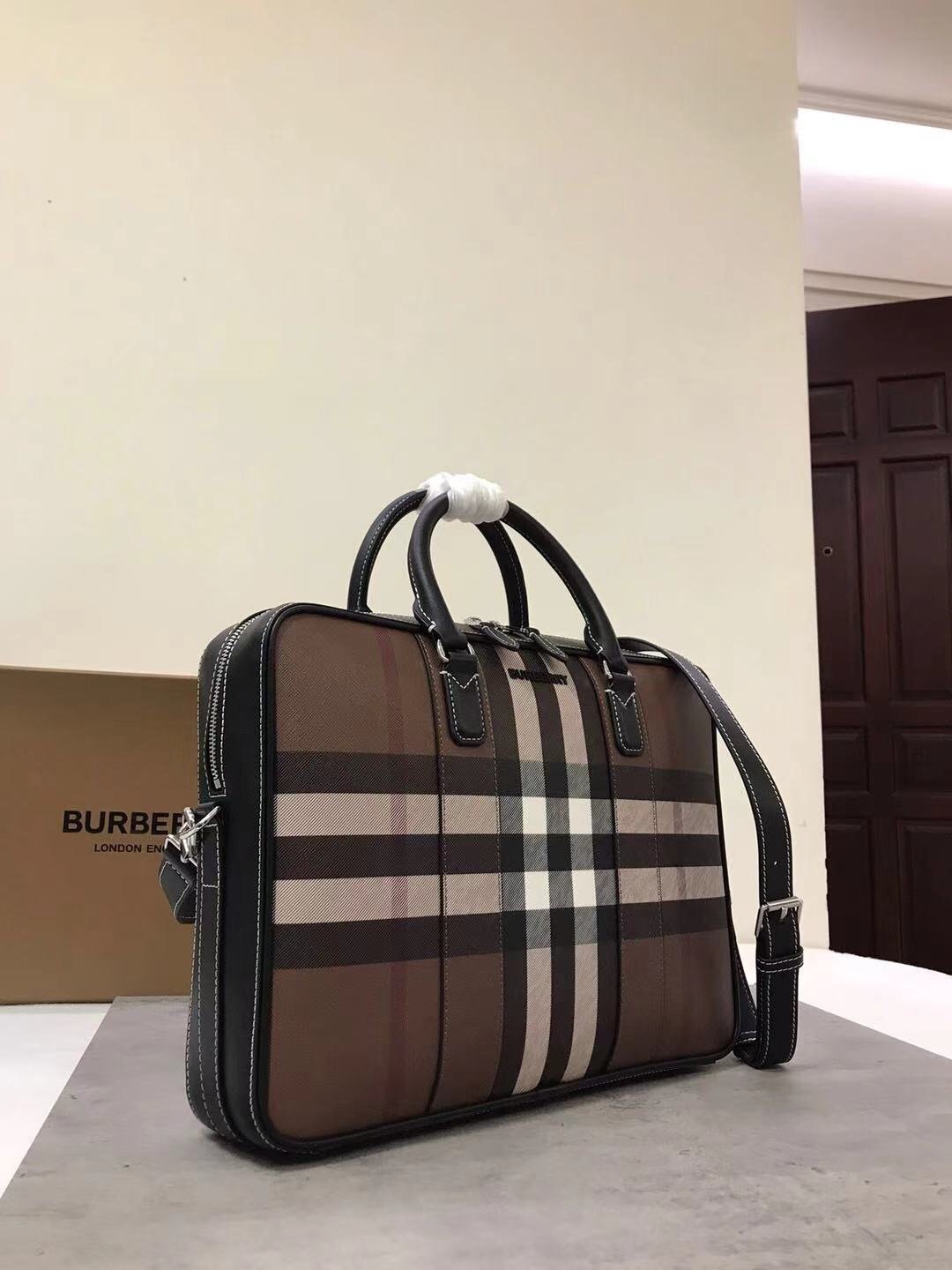 Burberry Checkered Leather Slim Briefcase - Image 6