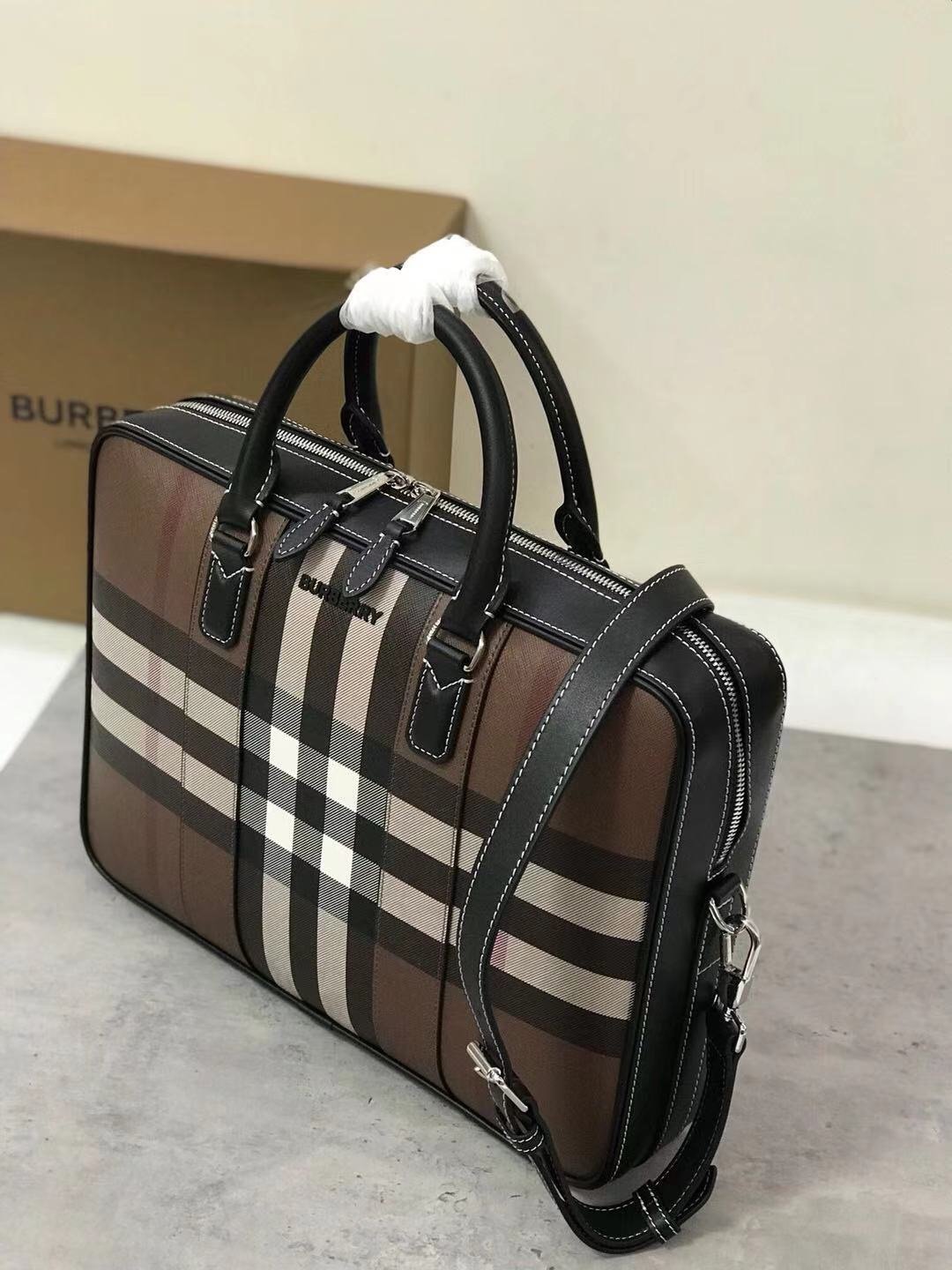 Burberry Checkered Leather Slim Briefcase - Image 5