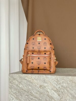 MCM Mini Stark Backpack in Visetos with Studs – Cognac