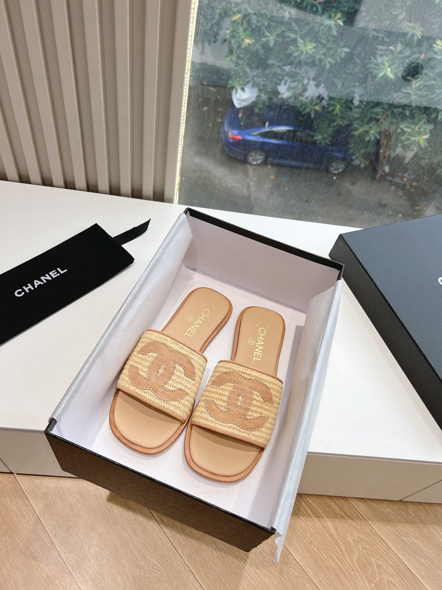 CHANEL Logo Fabric Flat Sandals