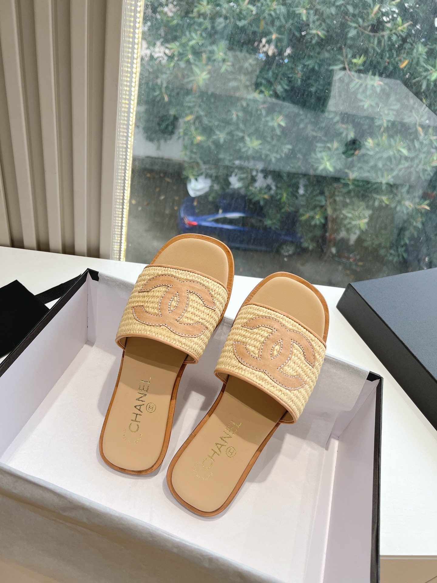 CHANEL Logo Fabric Flat Sandals - Image 8