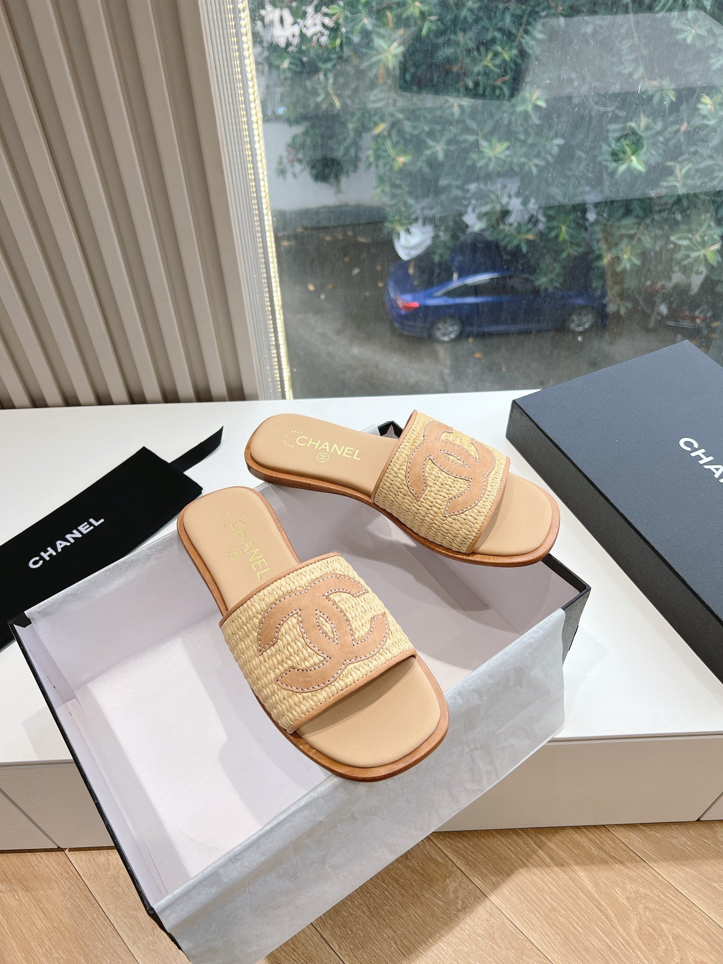 CHANEL Logo Fabric Flat Sandals - Image 9