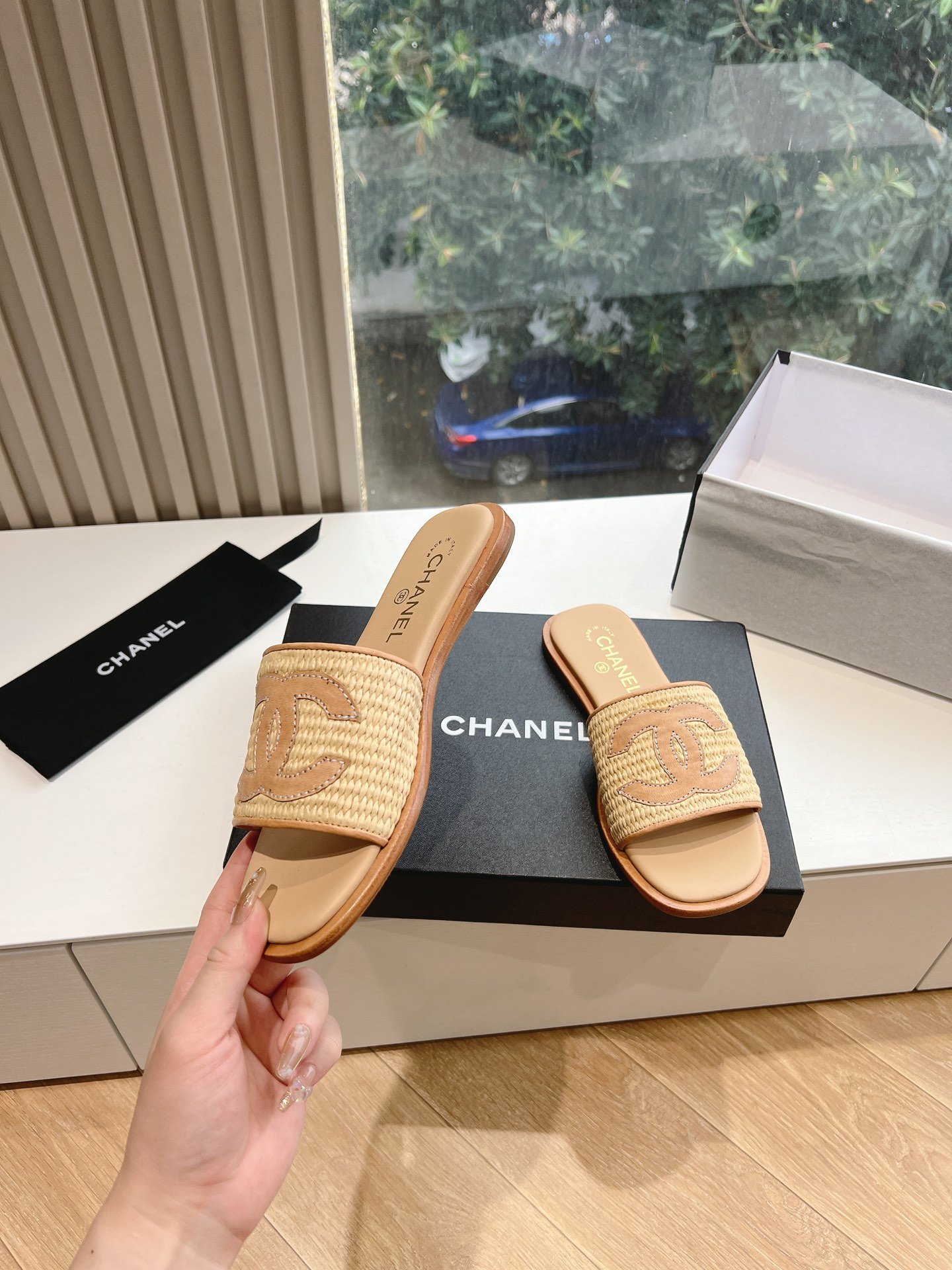 CHANEL Logo Fabric Flat Sandals - Image 6