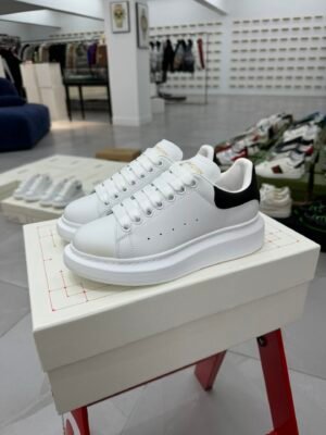 Alexander McQueen White Low-Top Sneakers (Black Leather Heel)