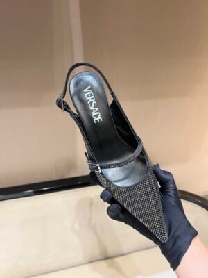 Versace Satin Rhinestone High-Heel Mule – Black