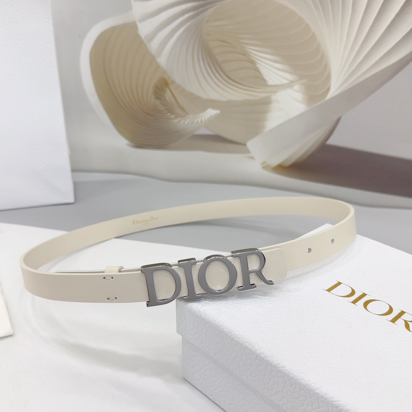 Dior Logo 20mm Belt – Ivory Calfskin Leather (Silver Logo) - Image 6