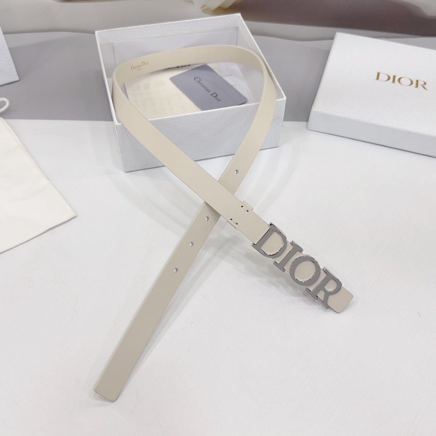 Dior Logo 20mm Belt – Ivory Calfskin Leather (Silver Logo) - Image 7