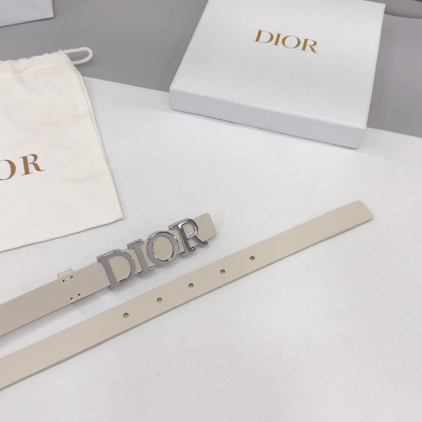 Dior Logo 20mm Belt – Ivory Calfskin Leather (Silver Logo) - Image 3