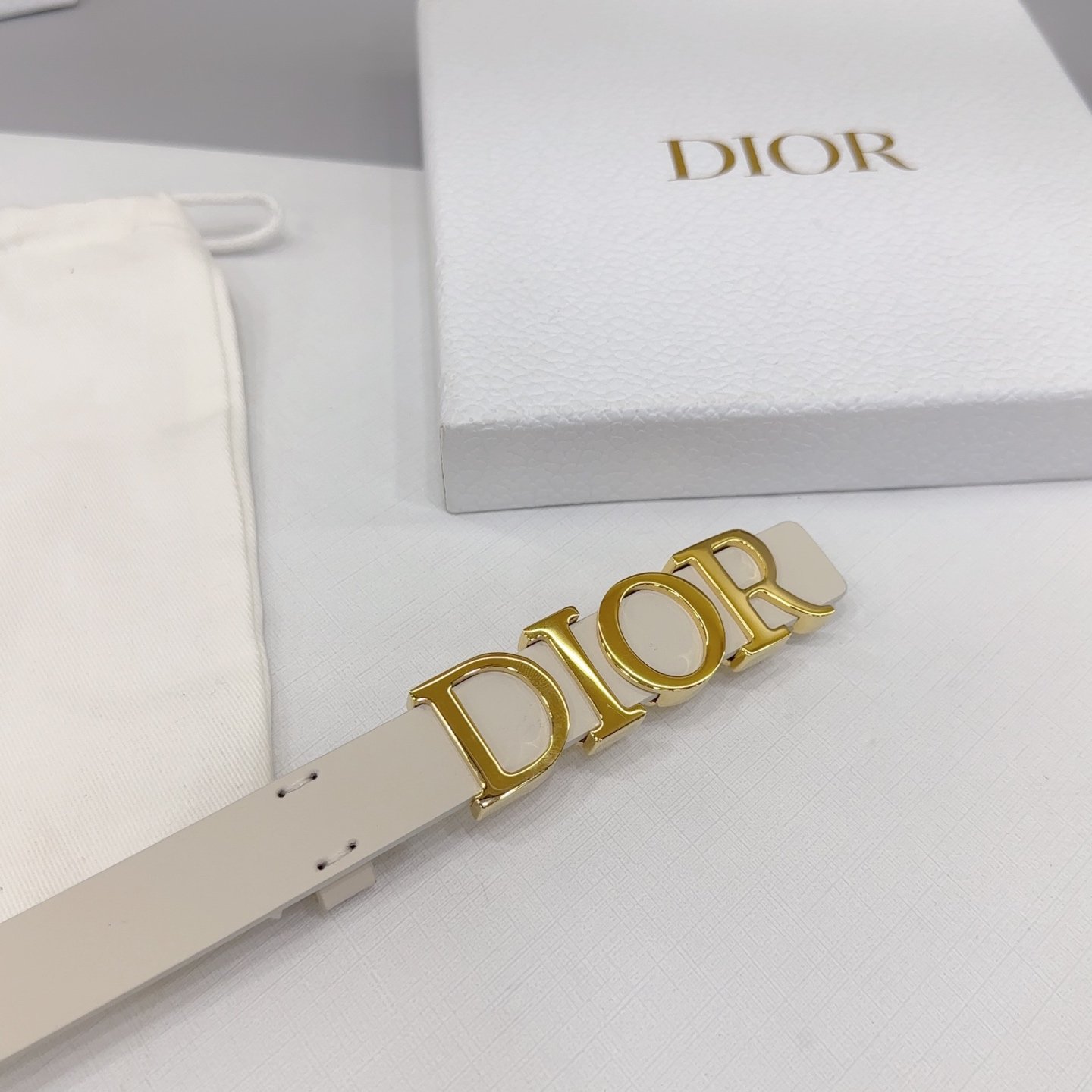 Dior Logo 20mm Belt – Ivory Calfskin Leather (Gold Logo) - Image 5
