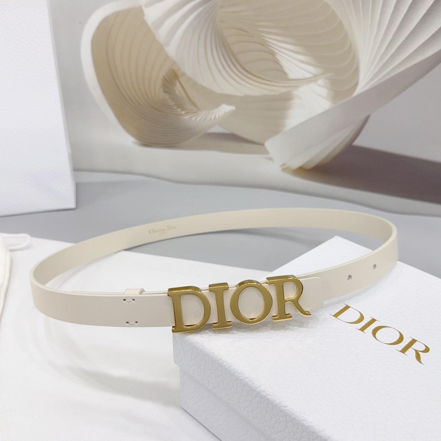 Dior Logo 20mm Belt – Ivory Calfskin Leather (Gold Logo) - Image 7