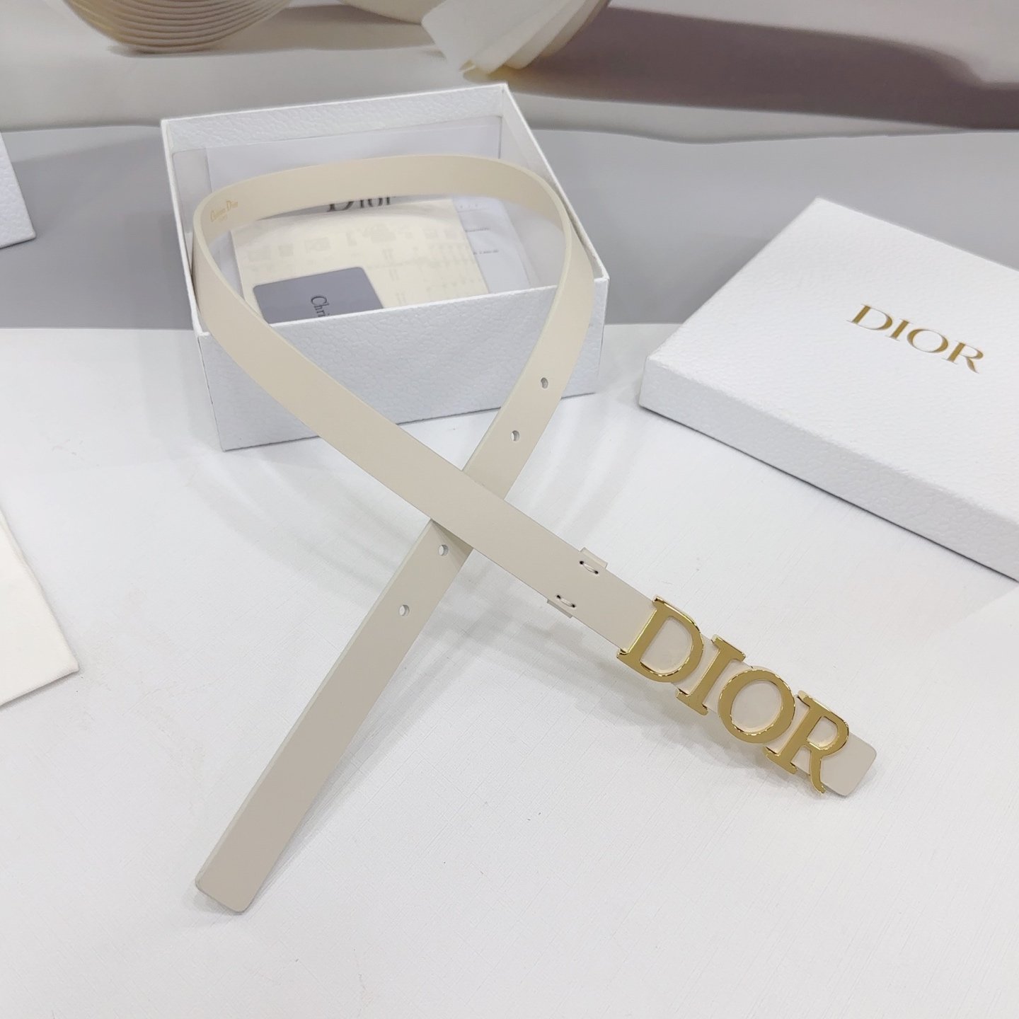 Dior Logo 20mm Belt – Ivory Calfskin Leather (Gold Logo) - Image 8