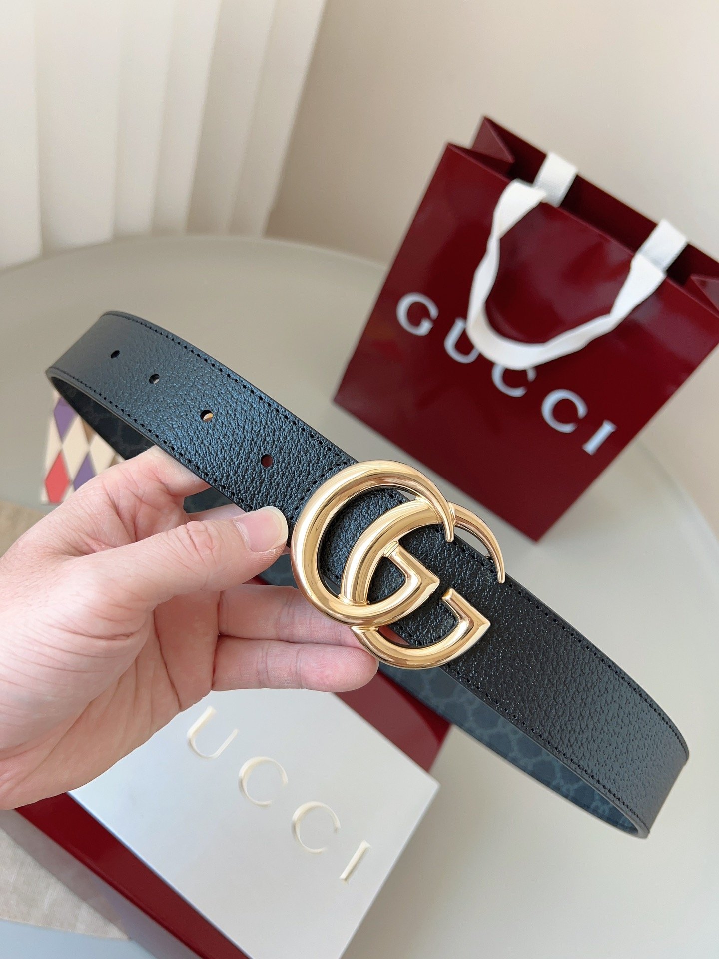 Gucci GG Leather Narrow Belt with Double G Buckle – Blue GG Leather - Image 3