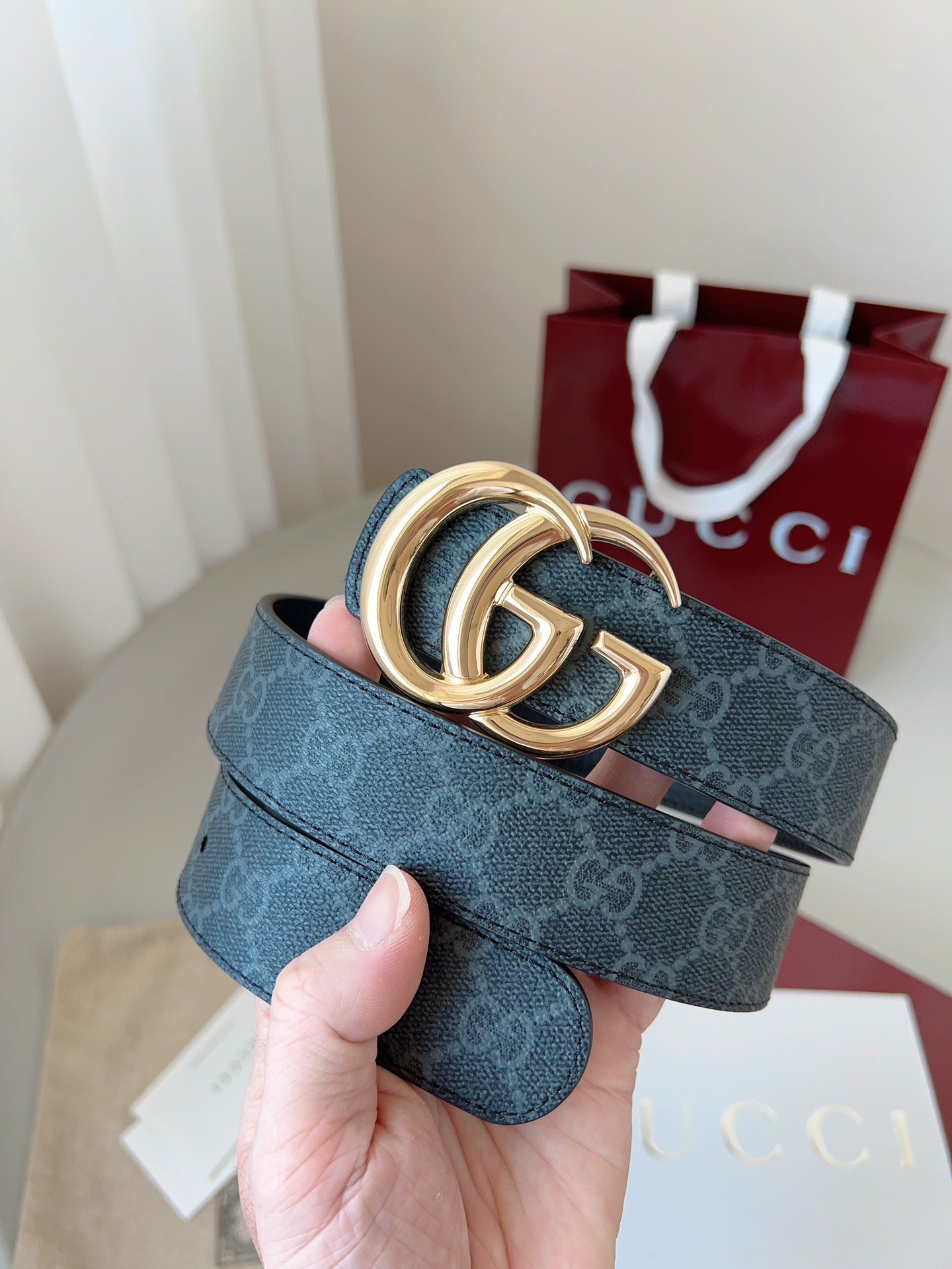Gucci GG Leather Narrow Belt with Double G Buckle – Blue GG Leather - Image 9