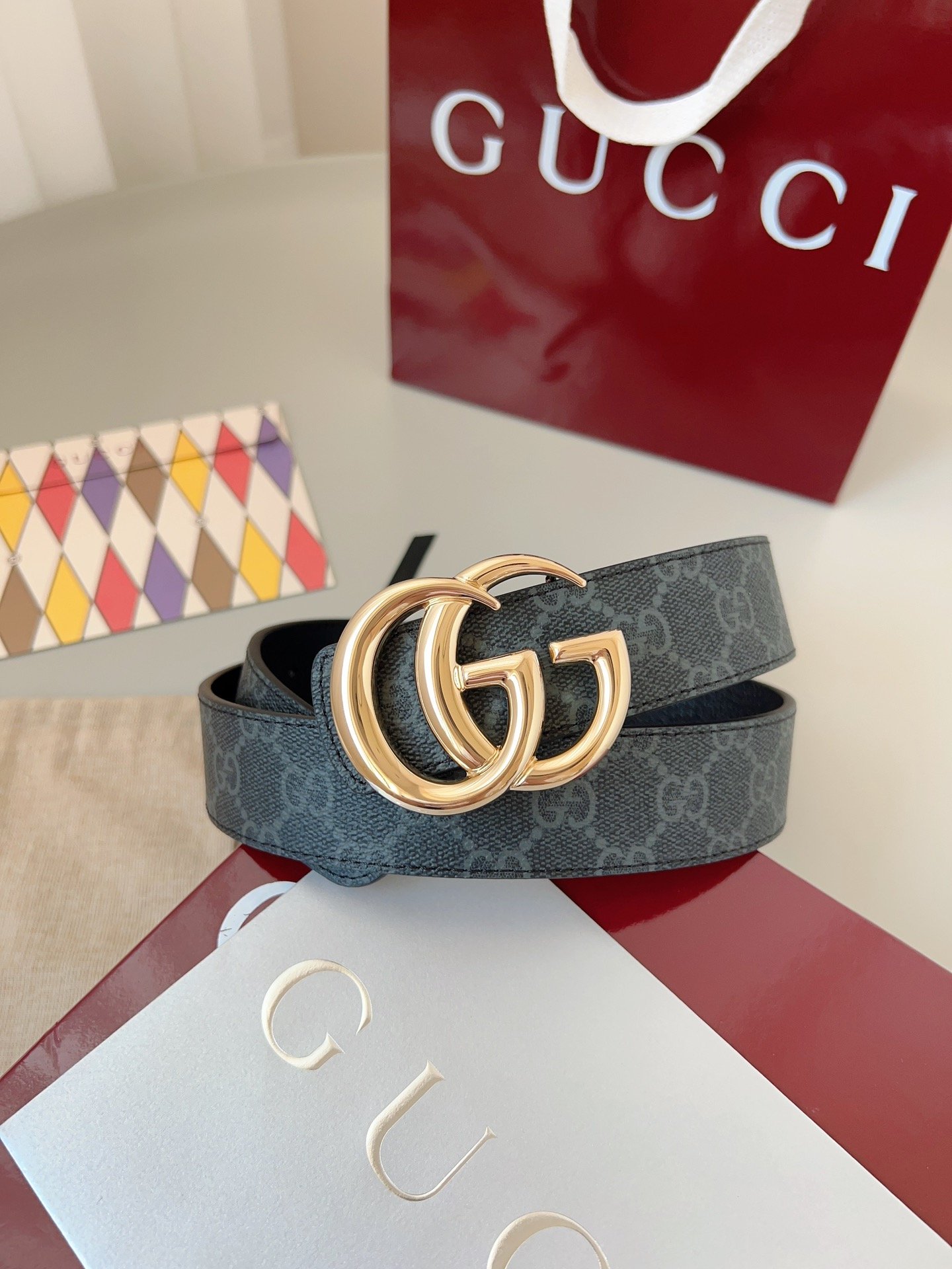 Gucci GG Leather Narrow Belt with Double G Buckle – Blue GG Leather - Image 2