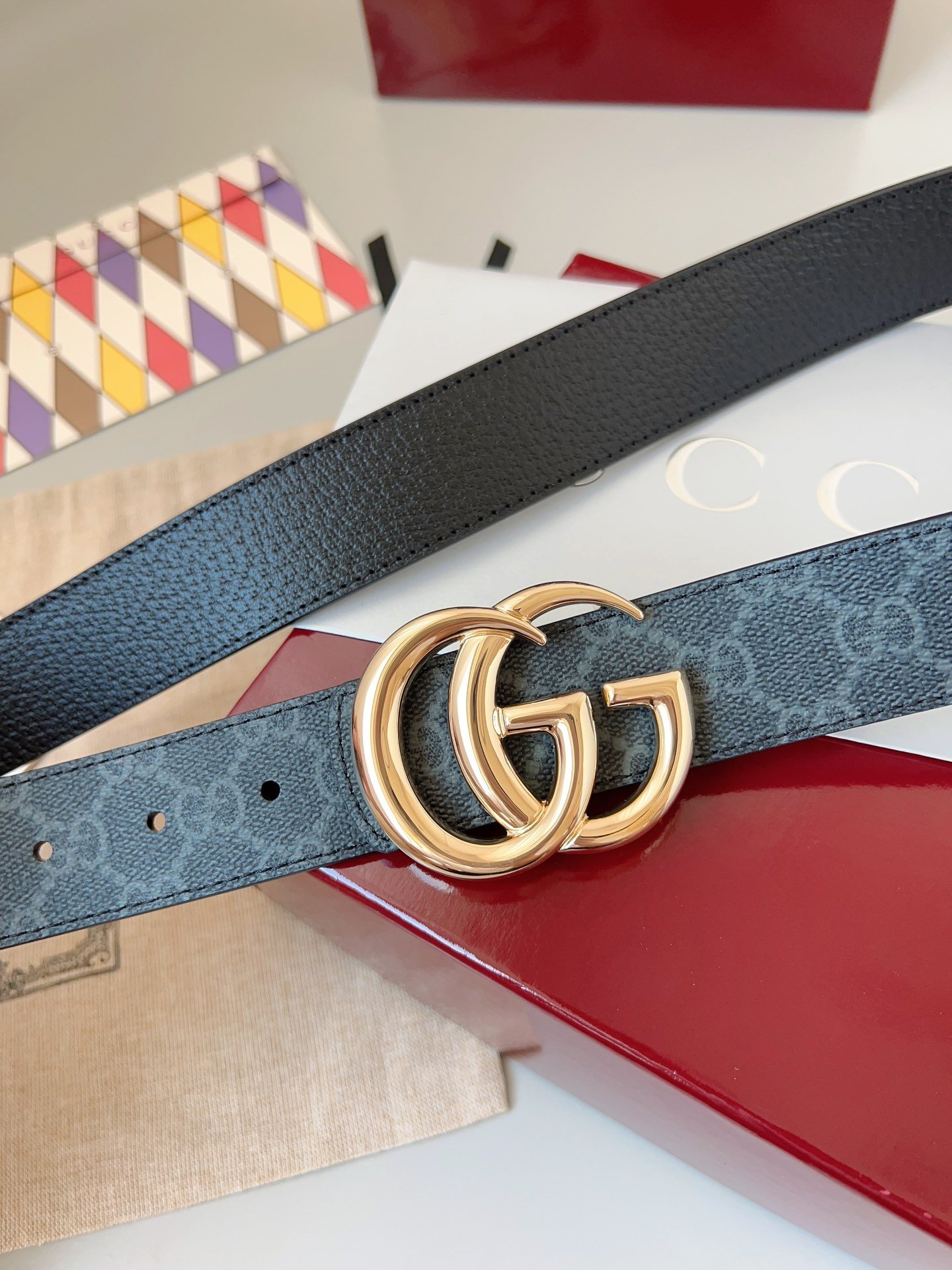 Gucci GG Leather Narrow Belt with Double G Buckle – Blue GG Leather - Image 5