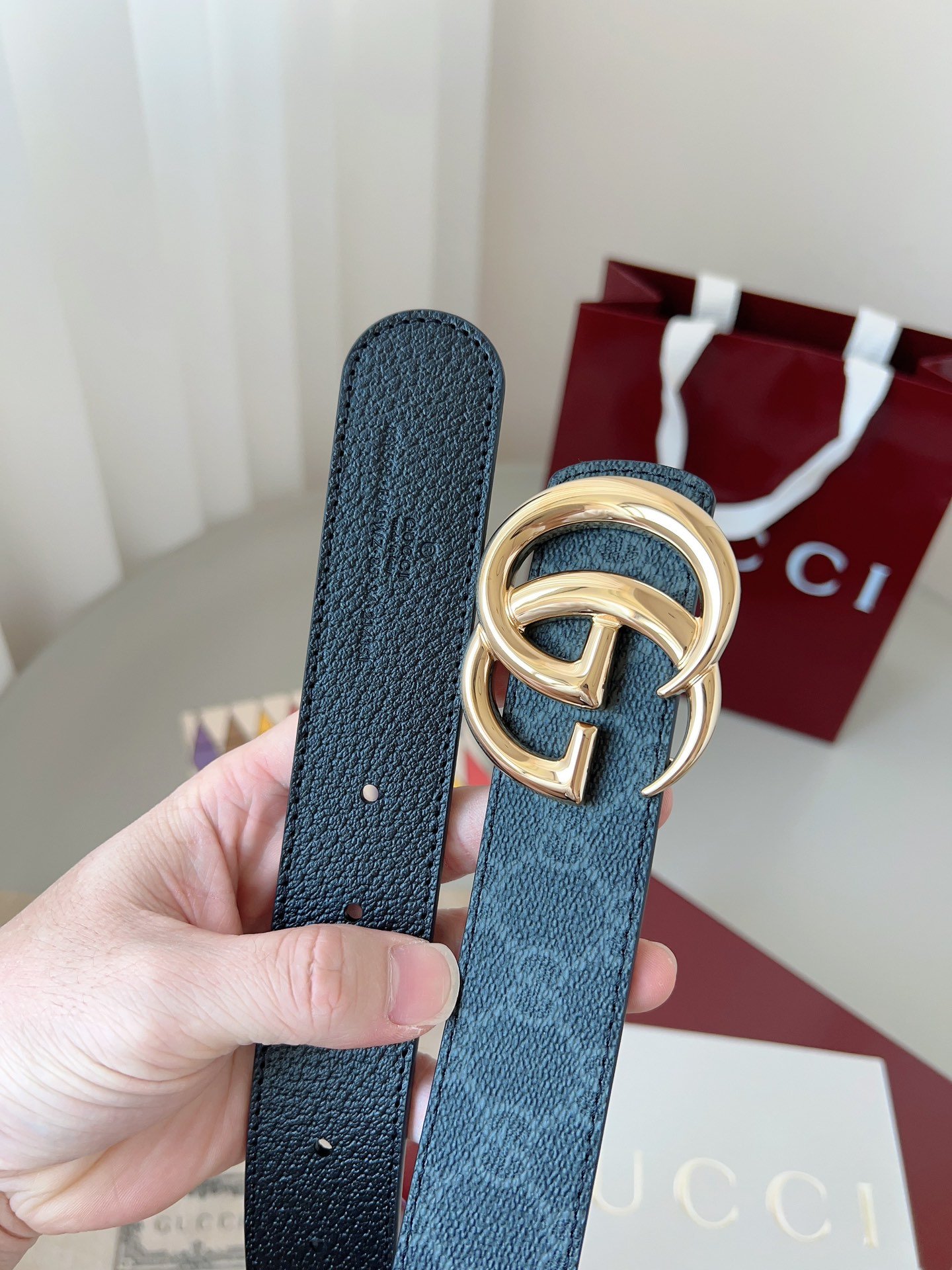 Gucci GG Leather Narrow Belt with Double G Buckle – Blue GG Leather - Image 4