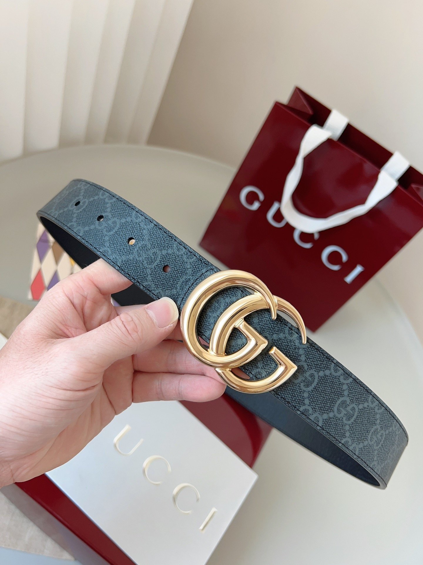 Gucci GG Leather Narrow Belt with Double G Buckle – Blue GG Leather - Image 8