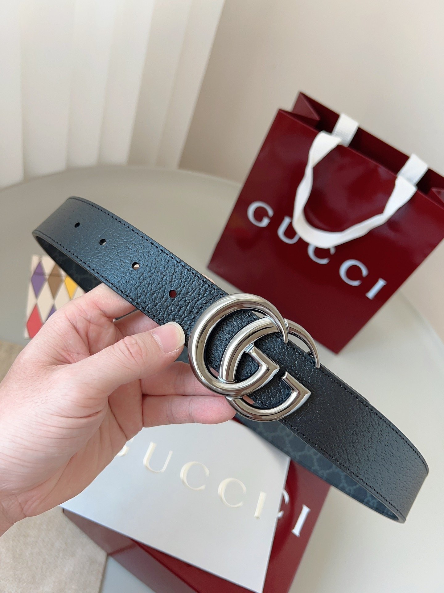 Gucci GG Leather Narrow Belt with Double G Buckle – Blue GG Leather (Silver Buckle) - Image 9