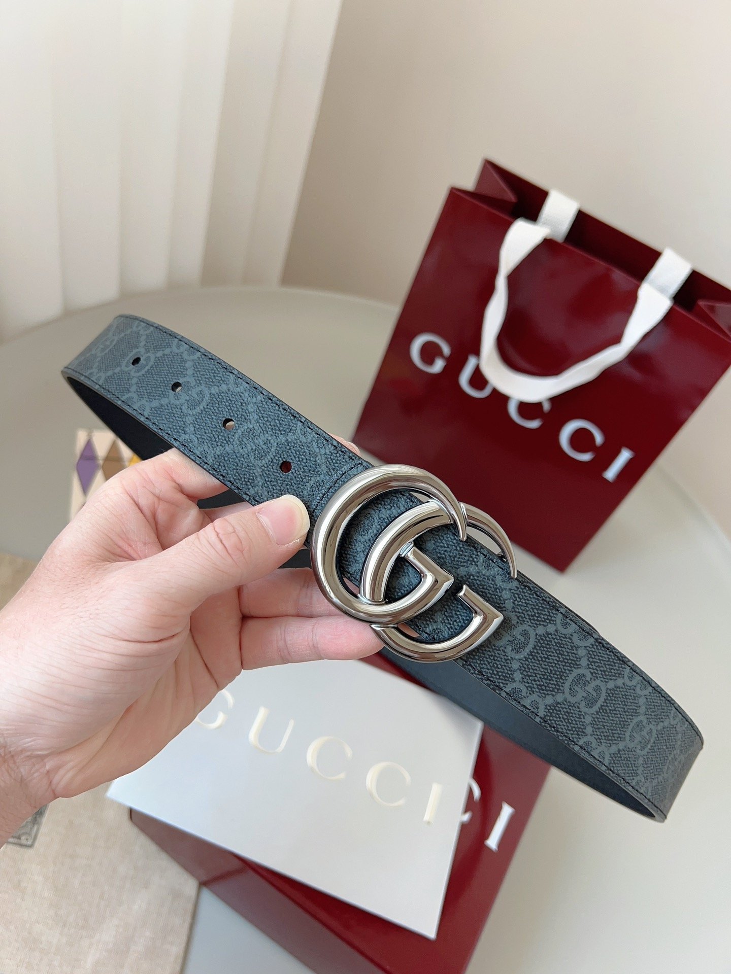 Gucci GG Leather Narrow Belt with Double G Buckle – Blue GG Leather (Silver Buckle) - Image 4