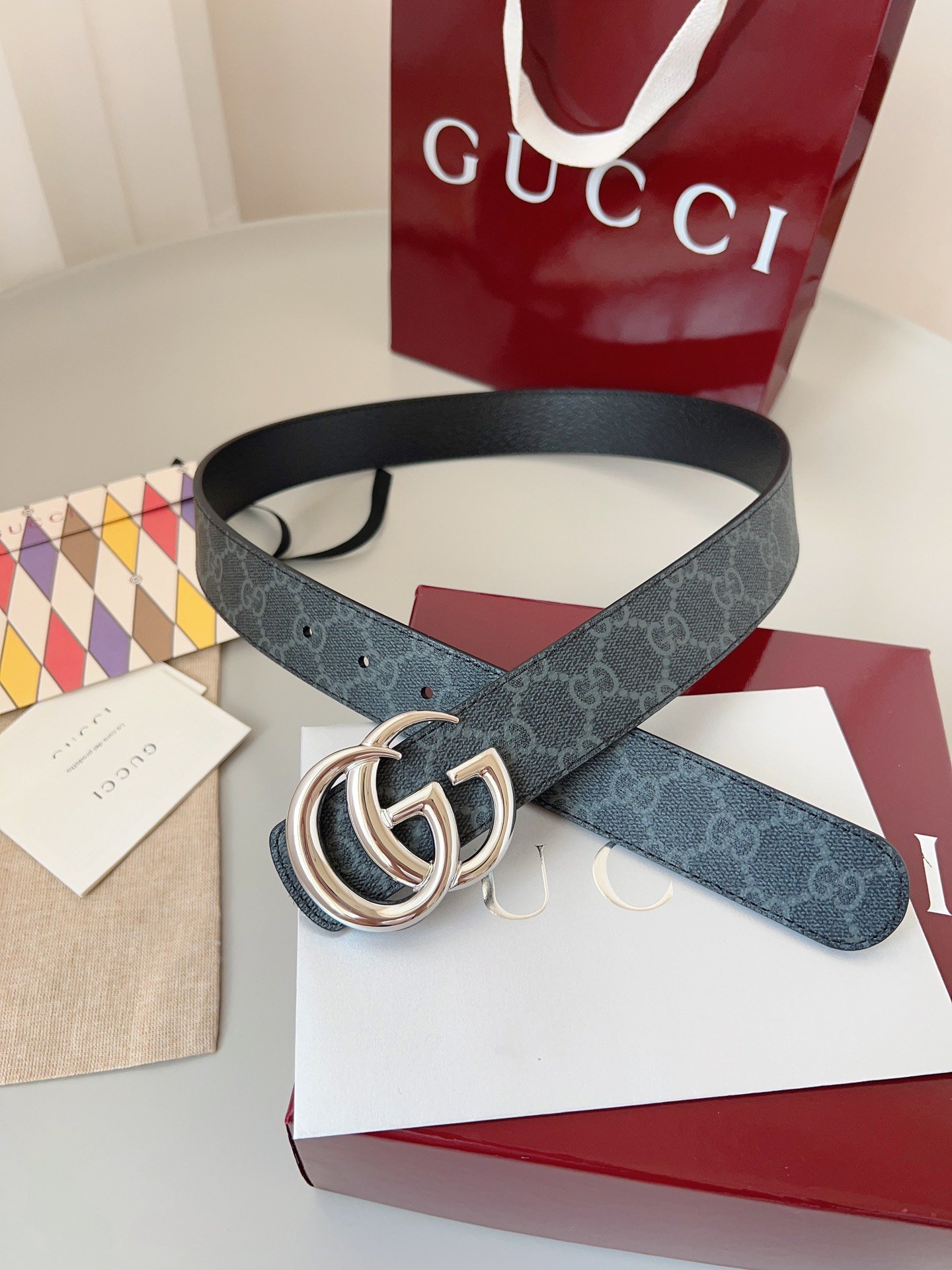 Gucci Double G Narrow GG Leather Belt – Blue Monogram - Image 7