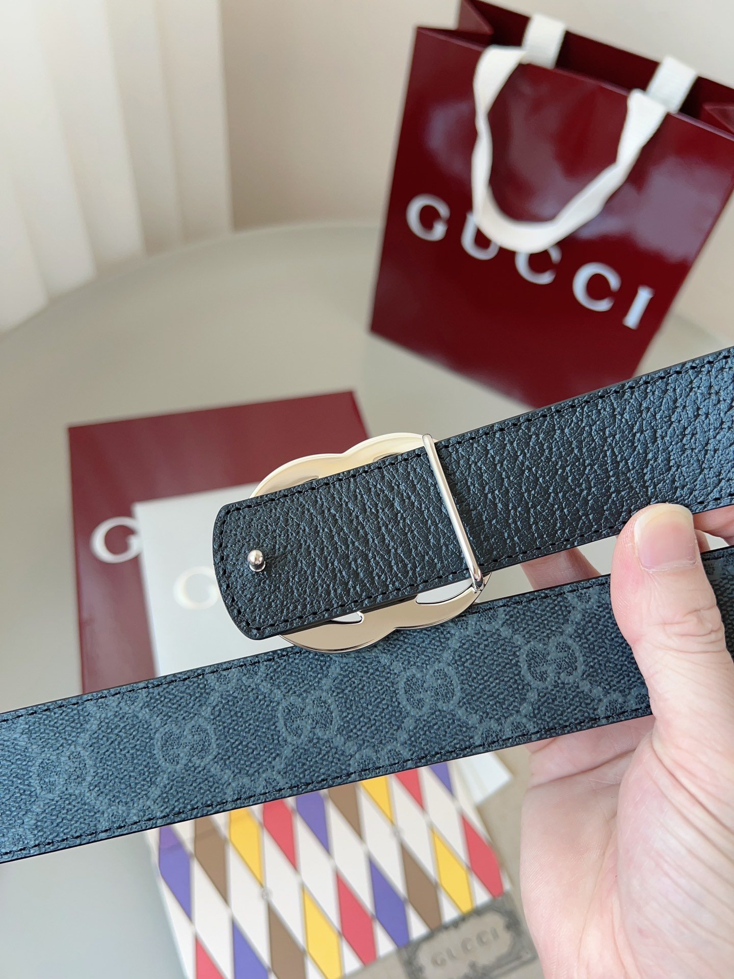 Gucci Double G Narrow GG Leather Belt – Blue Monogram - Image 3