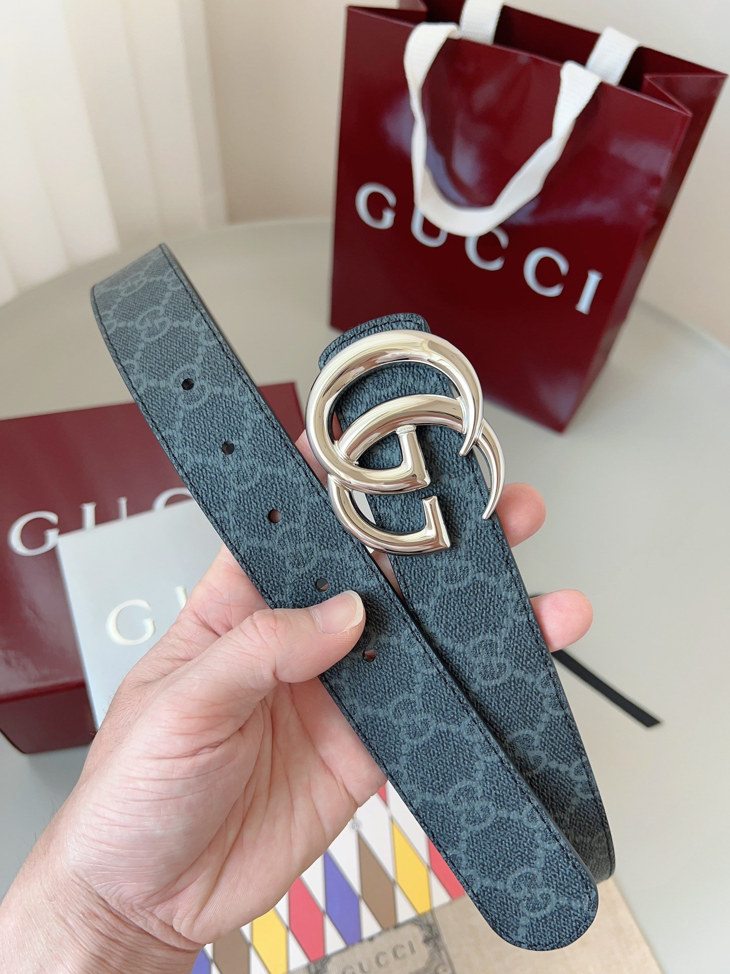 Gucci Double G Narrow GG Leather Belt – Blue Monogram - Image 6