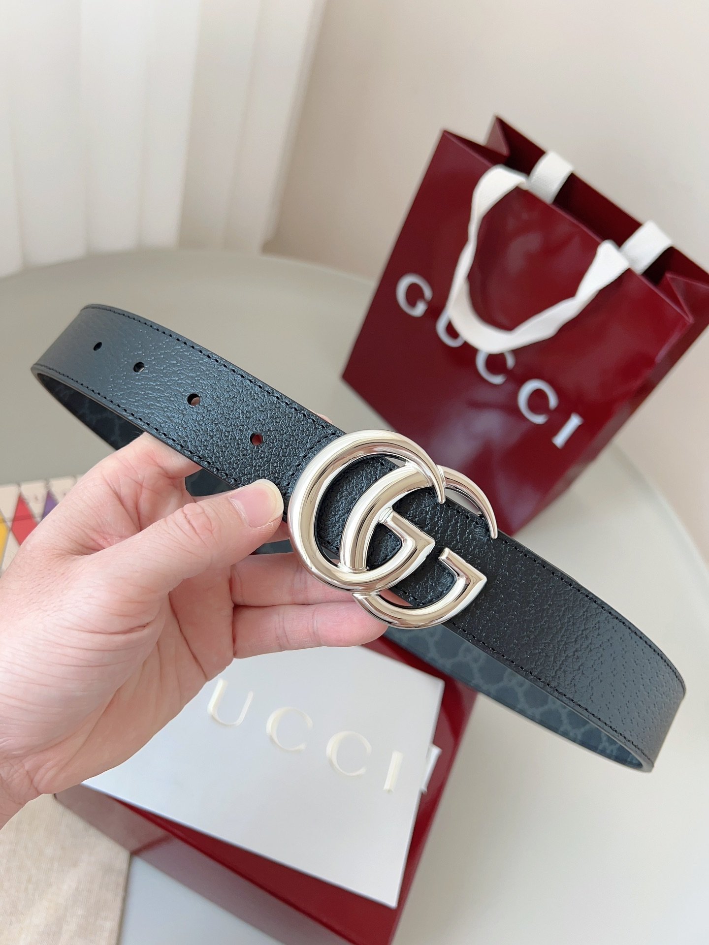Gucci Double G Narrow GG Leather Belt – Blue Monogram - Image 4