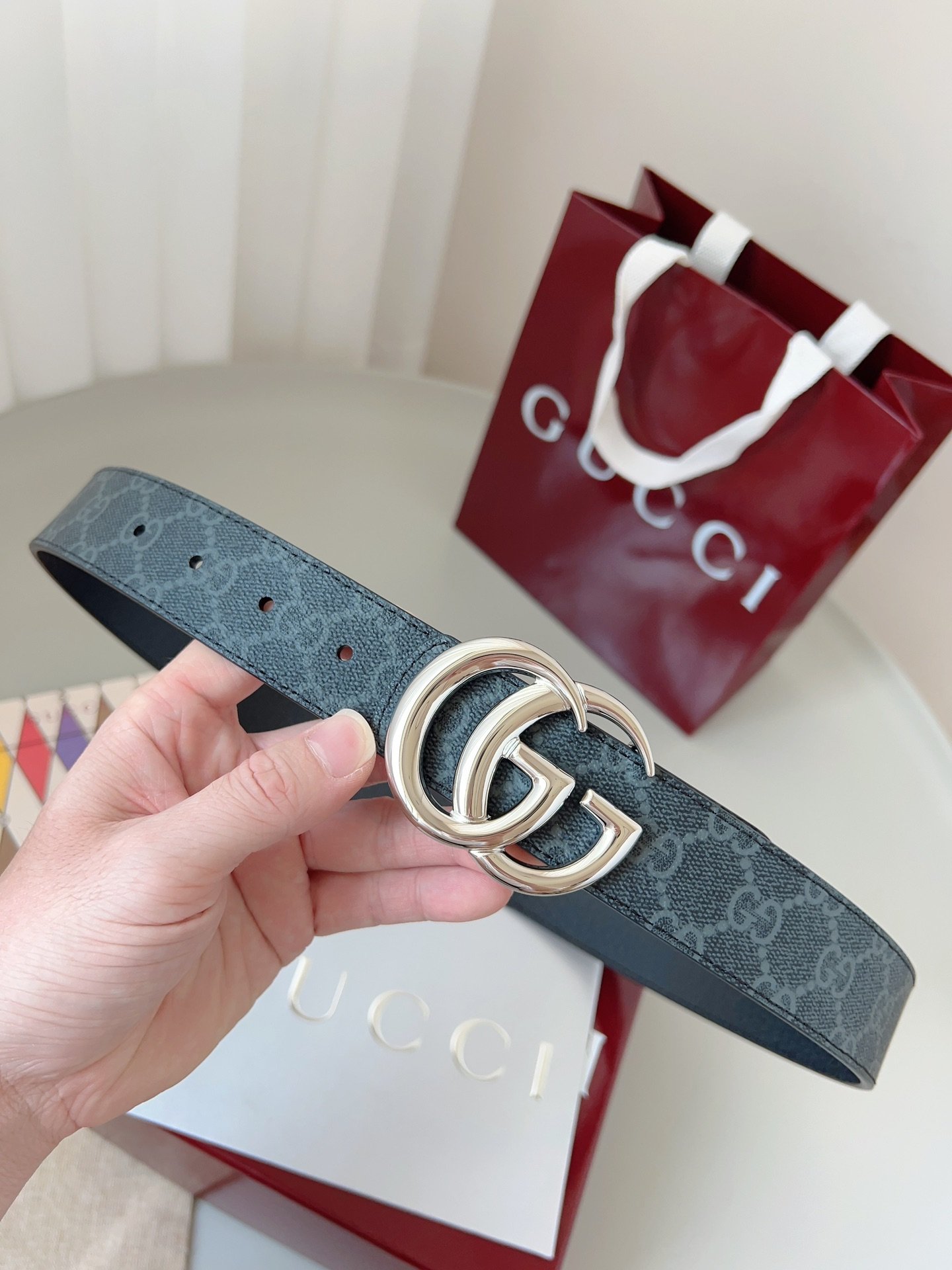 Gucci Double G Narrow GG Leather Belt – Blue Monogram - Image 8