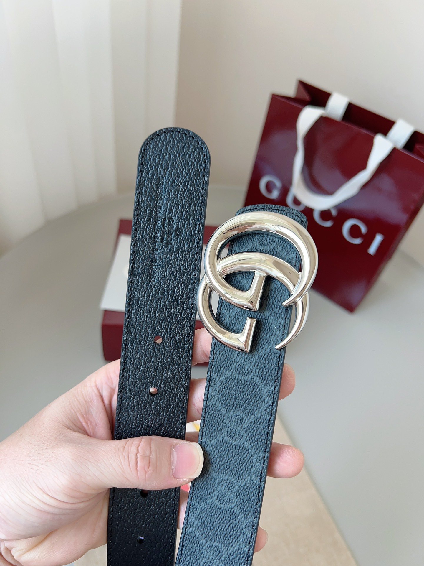 Gucci Double G Narrow GG Leather Belt – Blue Monogram - Image 5