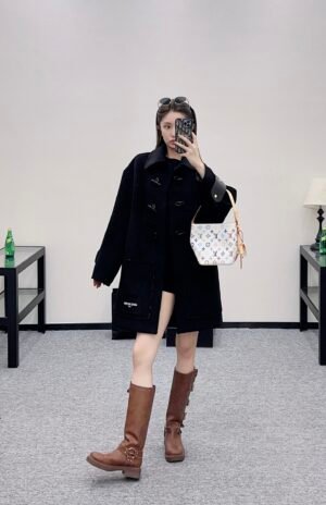 Oversized Double-Breasted Wool-Blend Long Coat – Black