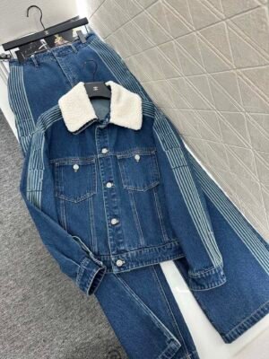 Two-Piece Denim Jacket & Jeans Set with Faux Shearling Collar