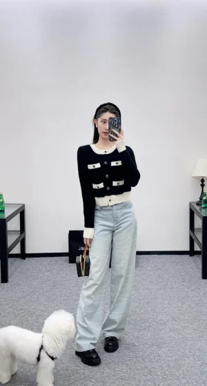 Contrast-Trim Button Knit Cardigan – Black & Ivory