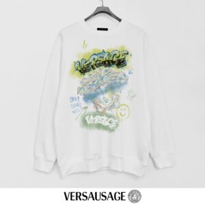 Versace 380g Printed Terry Crew Neck Sweatshirt – White (Graffiti Medusa Print)