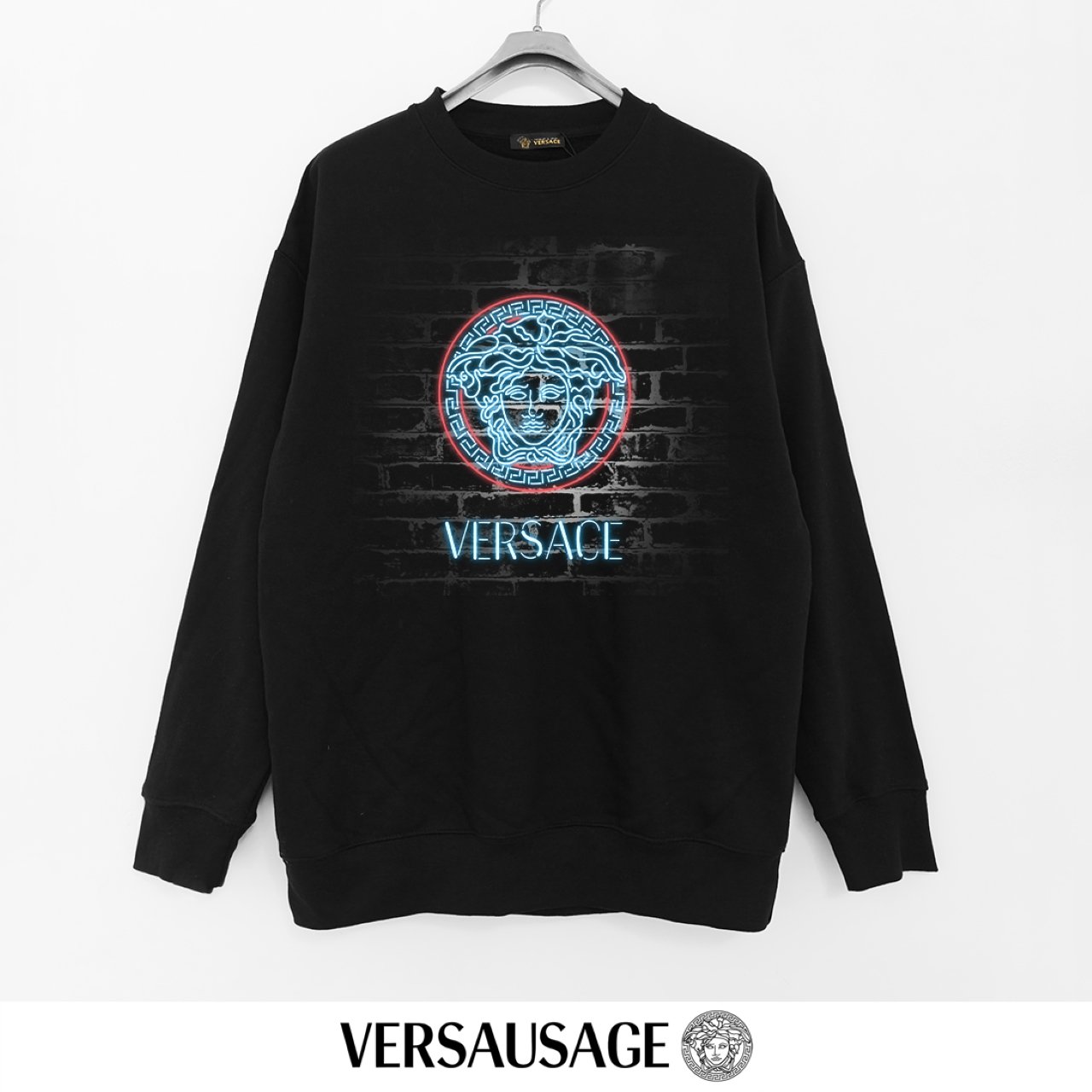 Versace 380g Printed Terry Round Neck Sweatshirt – Black (Neon Medusa Graphic)