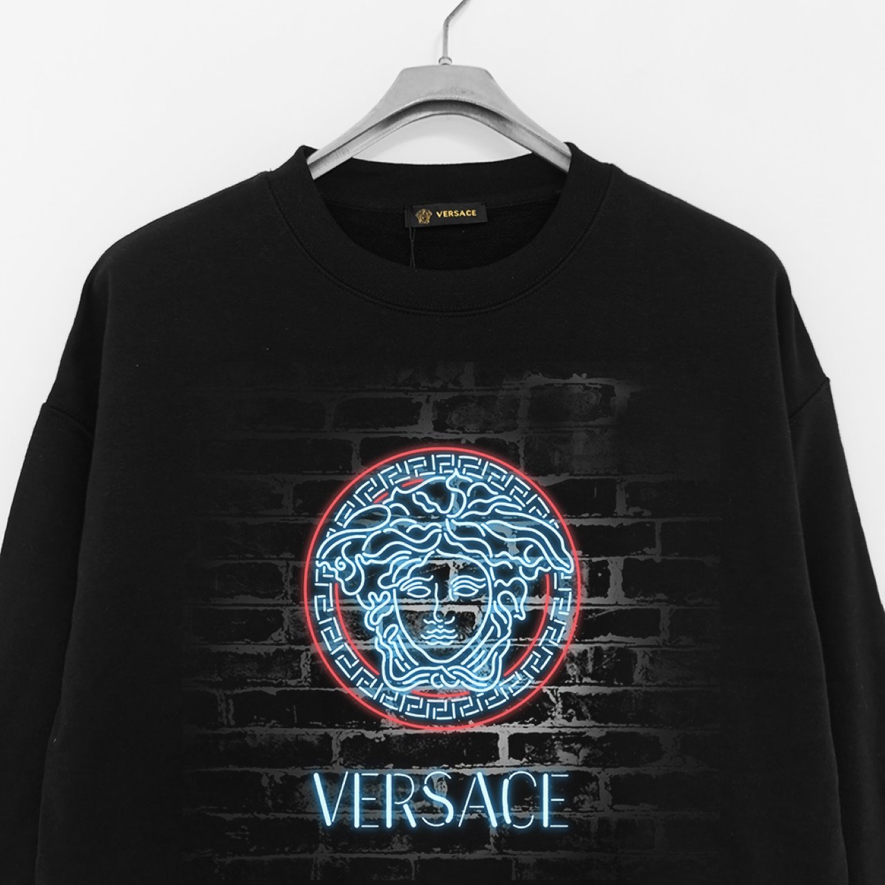 Versace 380g Printed Terry Round Neck Sweatshirt – Black (Neon Medusa Graphic) - Image 5